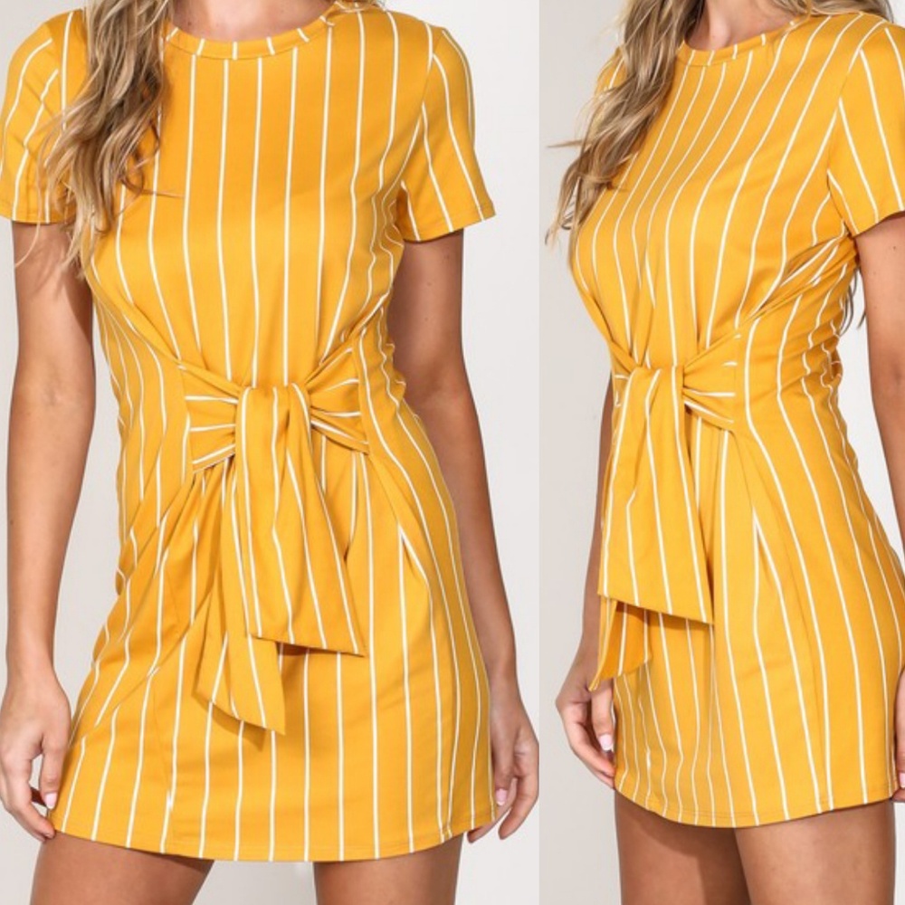 JESSI STRIPED FRONT TIE MINI DRESS in mustard